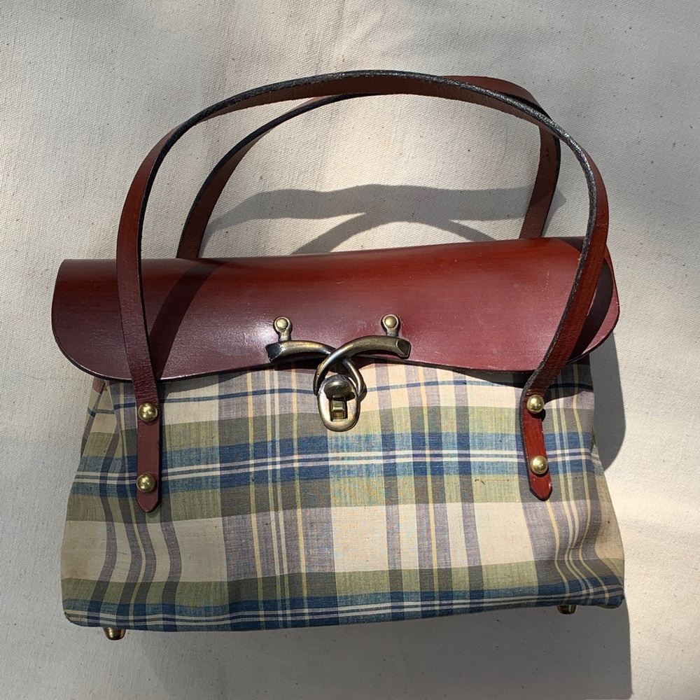Vintage 1960s Madras plaid & leather bag